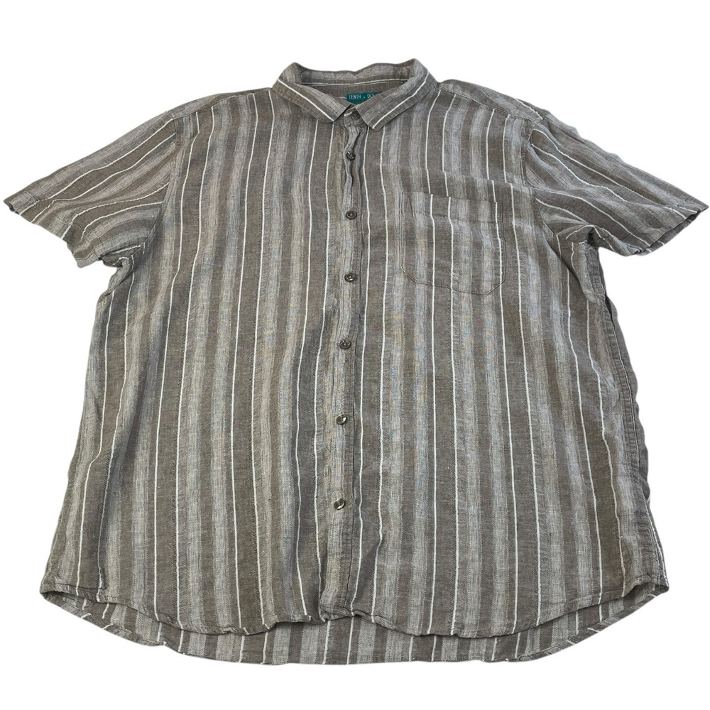 Tenth + Ocean Women's XXL Beige Linen Cotton Striped Button Up Short Sleeve Top